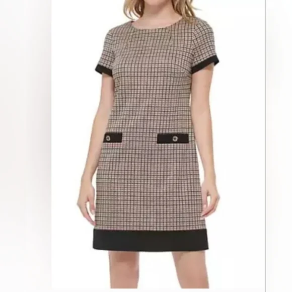 EUC Tommy Hilfiger Houndstooth Elegant Black and Tan Checkered Dress - Picture 1 of 4